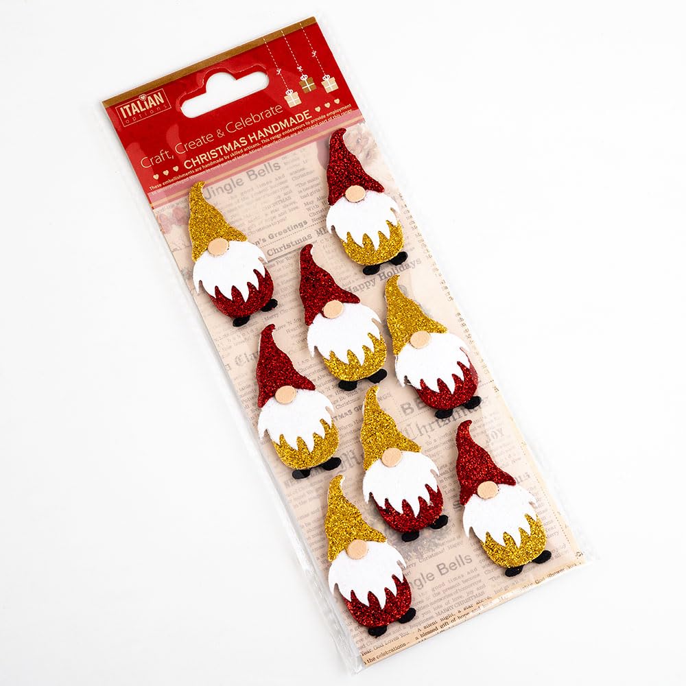 Italian Options 5cm Glitter Nordic Santa Christmas Craft Decorations Self Adhesive - (8 pcs) - Red/Gold