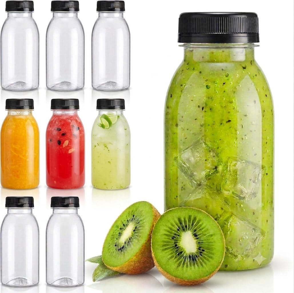 Lot de 8 bouteilles de jus en plastique sans BPA de 200 ml avec couvercles inviolables, idéales pour les fêtes, les pique-niques, les activités de plein air