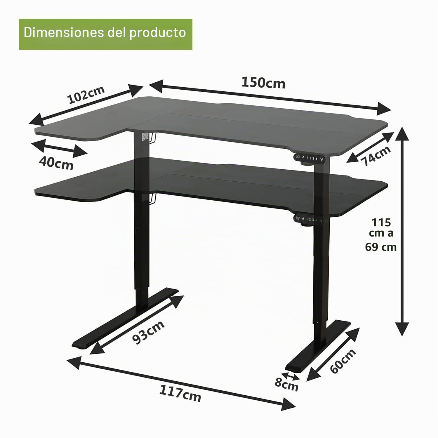 Radlove Escritorio de pie eléctrico Ajustable en Altura con 4 Controles de Memoria y tecnología anticolisión (78 x 150 cm, Black)