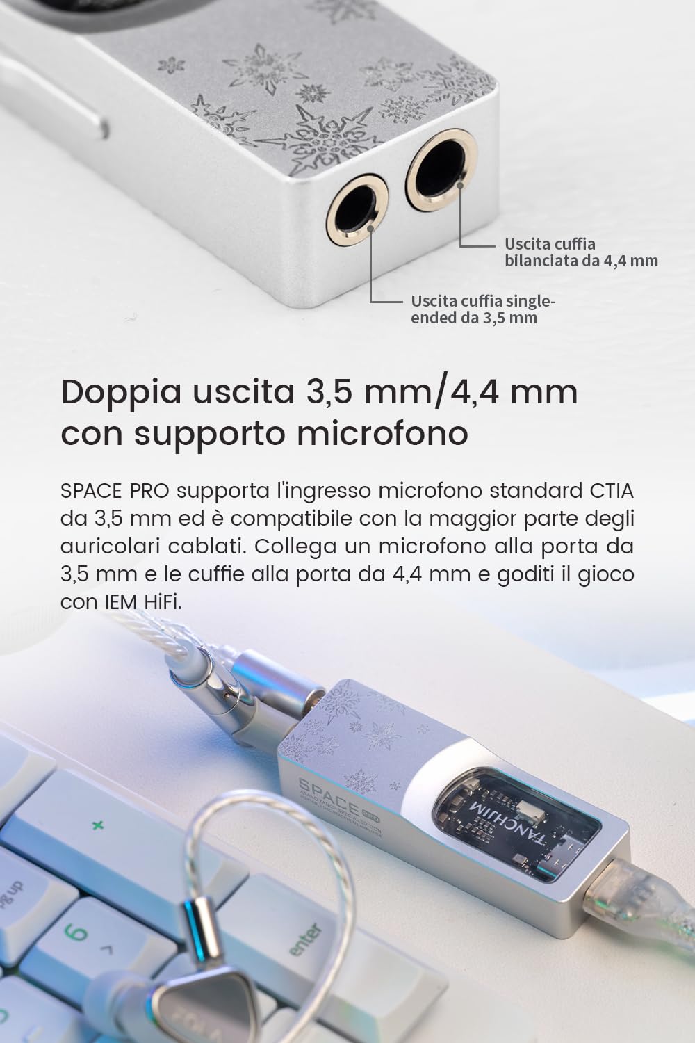 TANCHJIM SPACE PRO Amplificatore Cuffie, Doppio DAC CS43198, Amplificazione Indipendente, 618mW, Uscita 3.5/4.4mm, PCM768kHz DSD256, Gioco/Audio, Supporto Mic e Virtuale 5.1/7.1