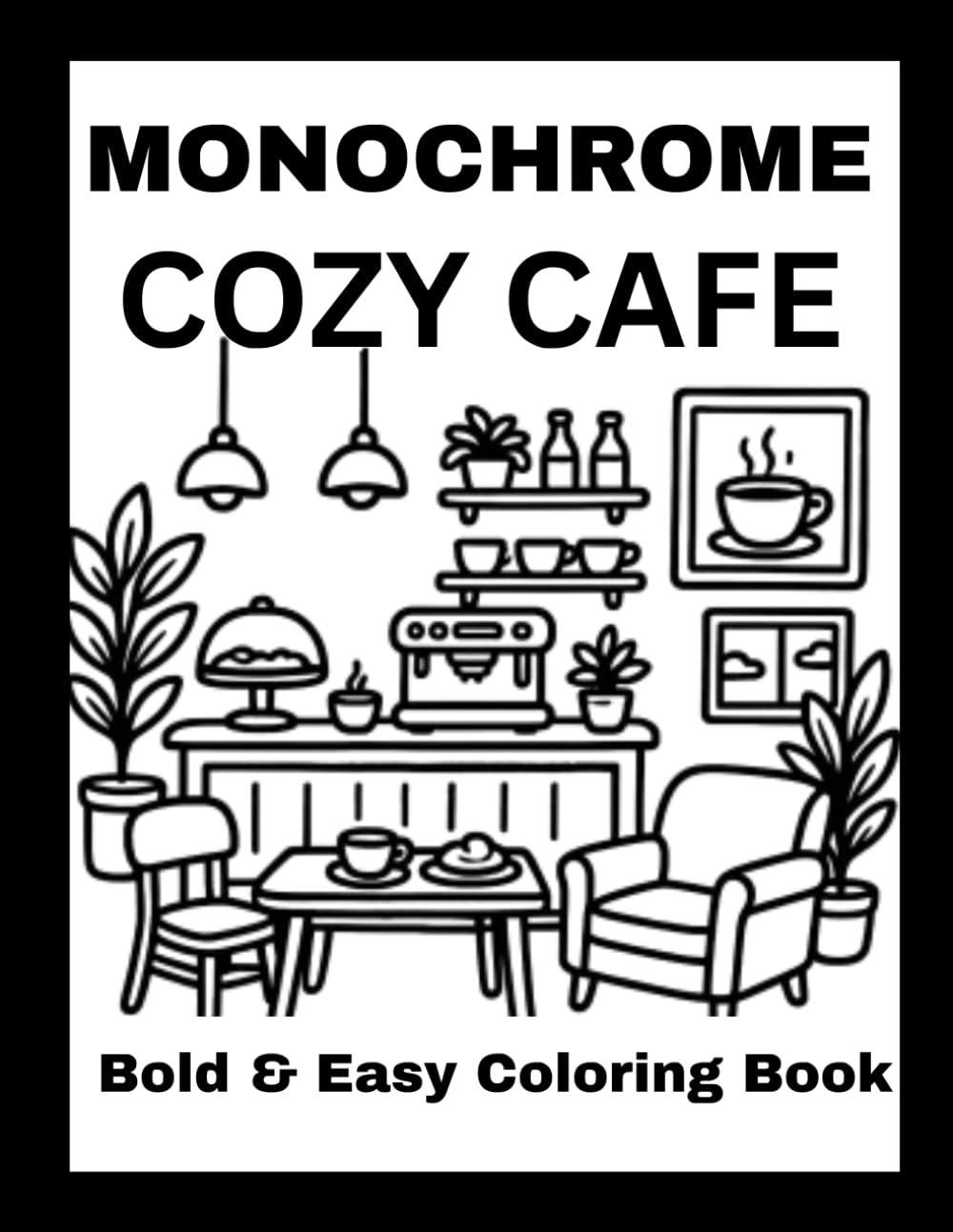 Monochrome Cozy Café Coloring Book: Bold & Easy Relaxing Coffee Shops, Bakeries, Tea Corners, Dessert Cafés, and Cozy Interior Scenes for Adults, Teens & Seniors (Monochrome coloring book)