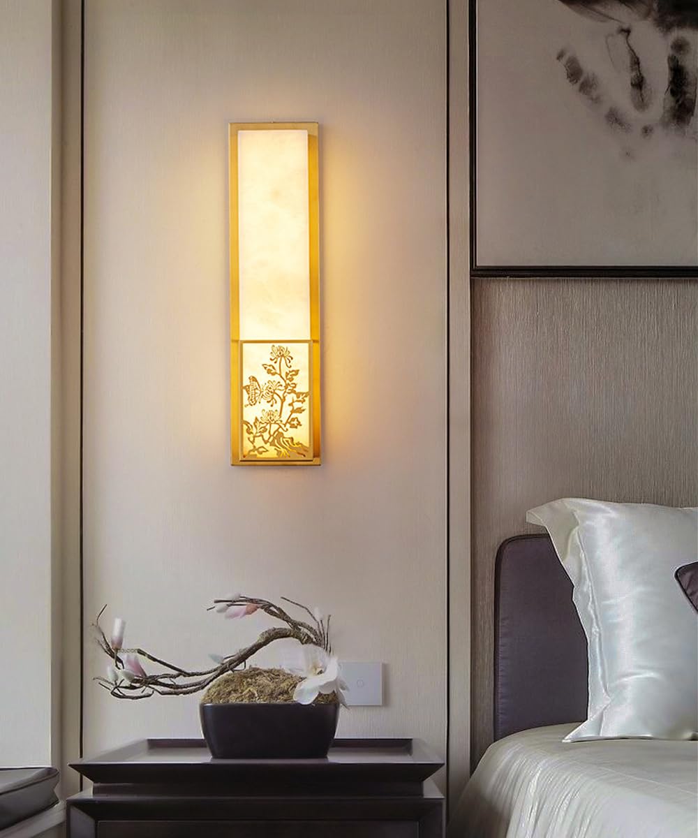 Kinkiet wewnętrzny 60 cm (23,6 cala) marmurowy i alabaster złota mosiężna podstawa oświetlenie Led nowoczesny chiński styl idealny do łazienki, sypialni, schodów, salonu i przedpokoju