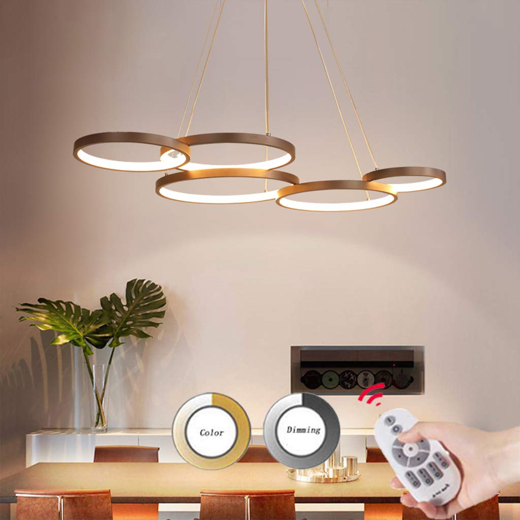 Nowoczesna lampa wisząca LED z pilotem zdalnego sterowania, przyciemniana, z regulacją wysokości, żyrandol do salonu, jadalni, biura, sypialni, lampa sufitowa, 92 x 55 cm, 63 W, pięć pierścieni