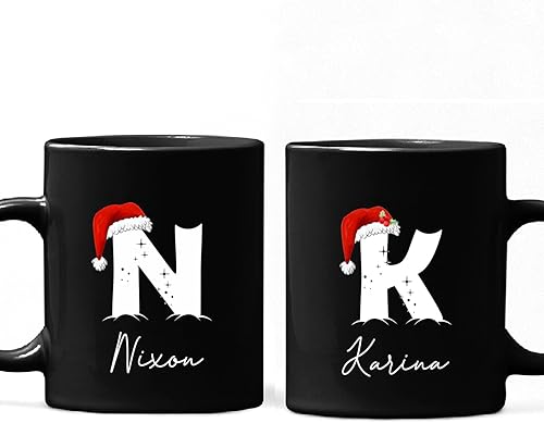Taza de cerámica de Navidad para pareja, taza de cerámica de Navidad con nombre inicial personalizado, tazas de café personalizadas para esposo,