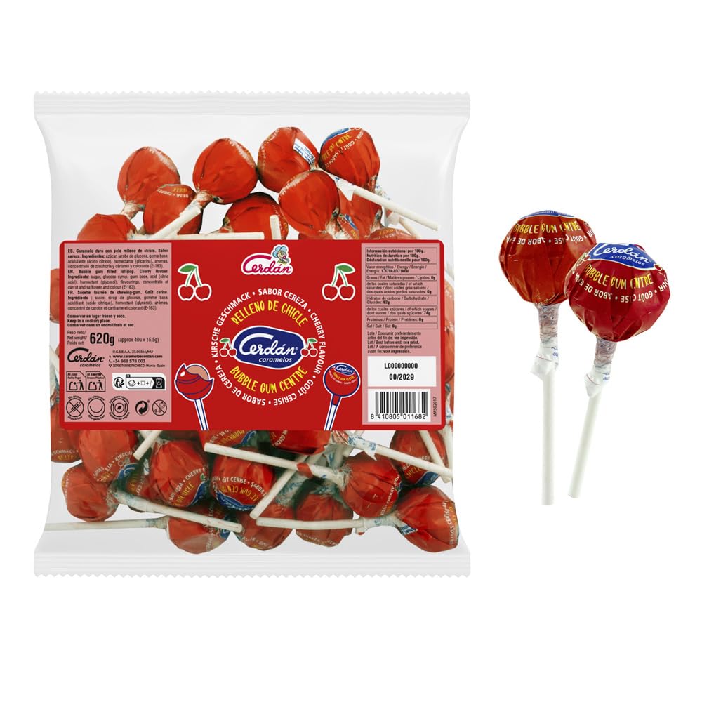 Caramelos Cerdán - Chupa Gigante Relleno de Chicle | Bolsa de 40 Unidades | Sabor Cereza Rojo | Caramelo Duro con Palo sin Gluten ni Alérgenos | Ideal para Fiestas, San Valentín y Cumpleaños