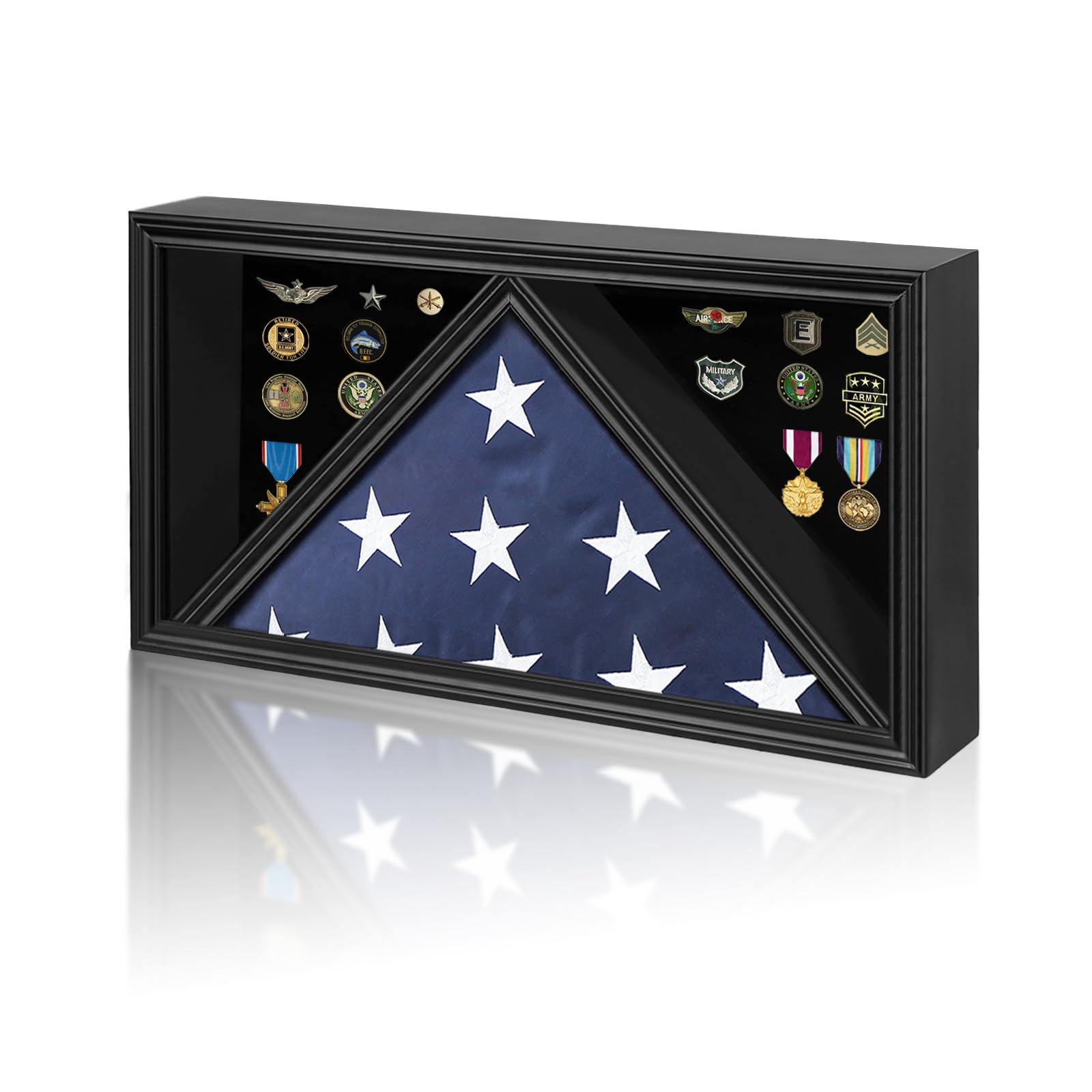 Large American Veteran Flag Display Case Solid Wood Memorial Flag Display Case with HD Tempered Glass for 5' X 9.5' Folded Burial Flag Military Flag Display Case, Rectangle-Black Finish