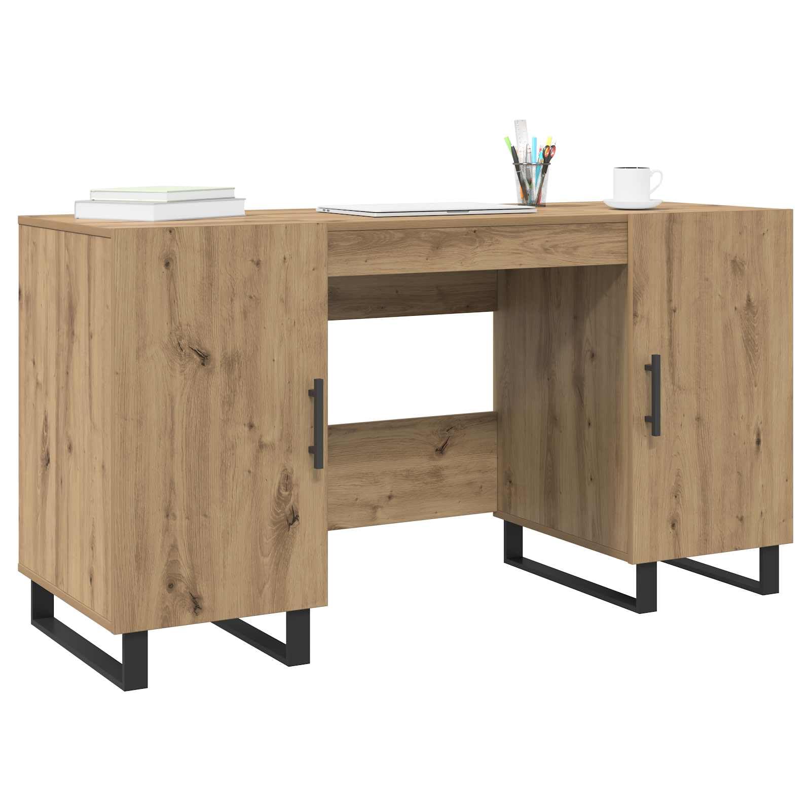 Scrivania in legno di quercia Artisan, 140 x 50 x 75 cm, con vano portaoggetti, scaffale e ante, ergonomica, per ufficio, casa, lavoro al computer, PC, laptop, segretario e gaming