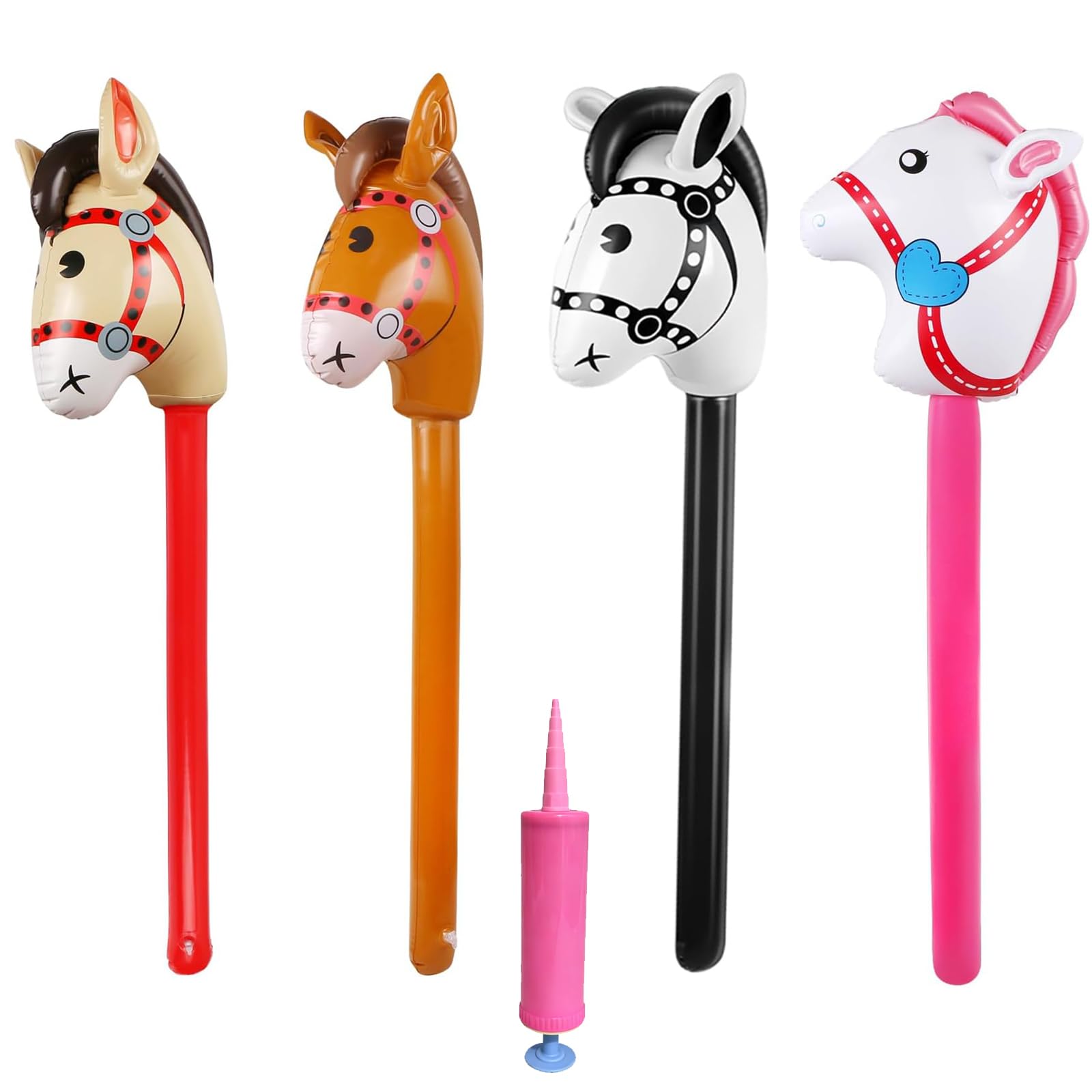 GYTFOG 4 Pcs Inflatable Horse Stick Toys, Cute Horse Head Stick Balloons, 21ร95cm Inflatable Hobby Horse Balloon Sticks, Fun Party Decor Supplies for Themed Birthday Party (Red Borwn Black Pink)