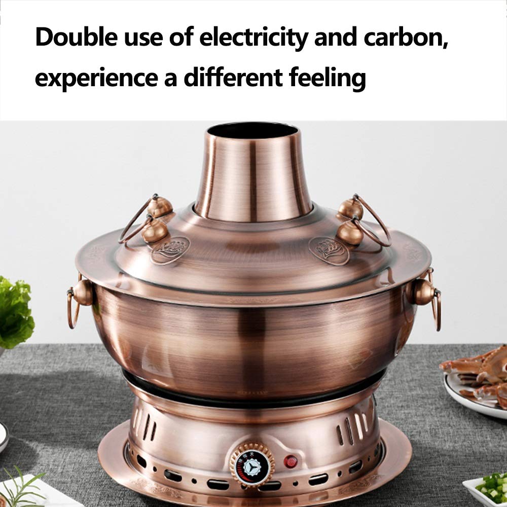 Pot Chaud électrique et Charbon de Bois à Double Usage de Style Chinois en Imitation cuivre de Pékin en Acier Inoxydable épaissi réglage de la température à,34 cm