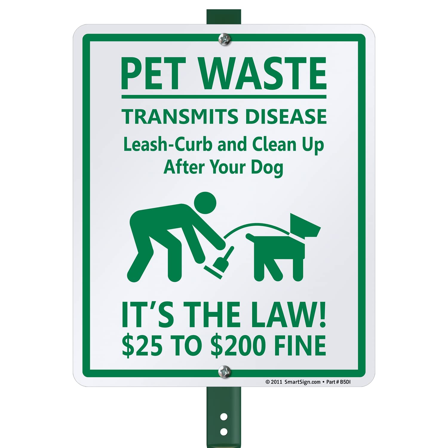 SmartSign 12" x 10" 'Pet Waste Transmits Leash-Curb and Clean Up After Your Dog, It’s The Law' Yard Sign with 3 ft Stake, 40 mil Laminated Aluminum, Green and White, Set of 1