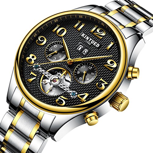 Preisvergleich Produktbild Hellery KINYUED Herren Automatikuhr Edelstahl Business Sport Armbanduhr Gold