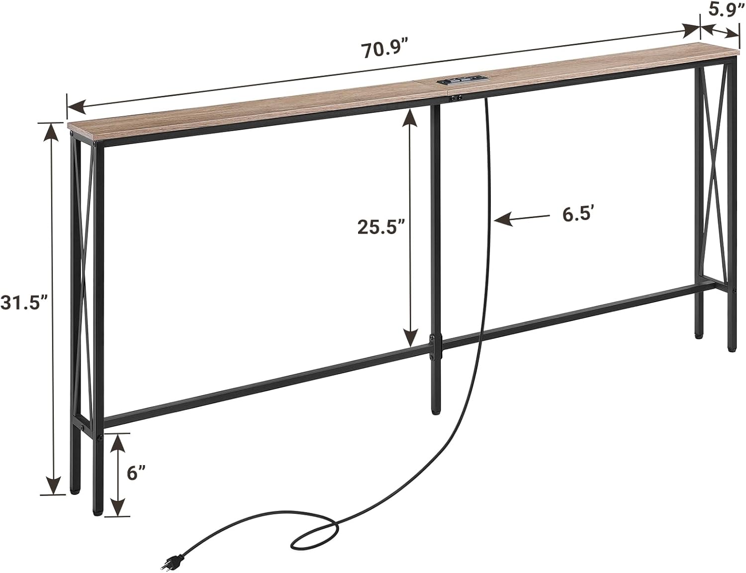 ELYKEN 5.9" Narrow Console Sofa Table with Power Outlets, 5.9" Dx70.9 Wx31.5 H Long Skinny Behind Couch Table with Charge Station and 6.5'Extension Cord, White Oak
