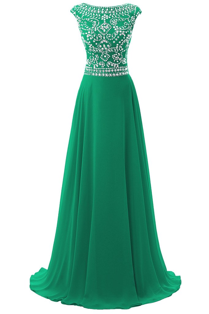Women's Long Chiffon Bridesmaid Dress Cap Sleeves Beaded Prom Eveing Gown Green US 2