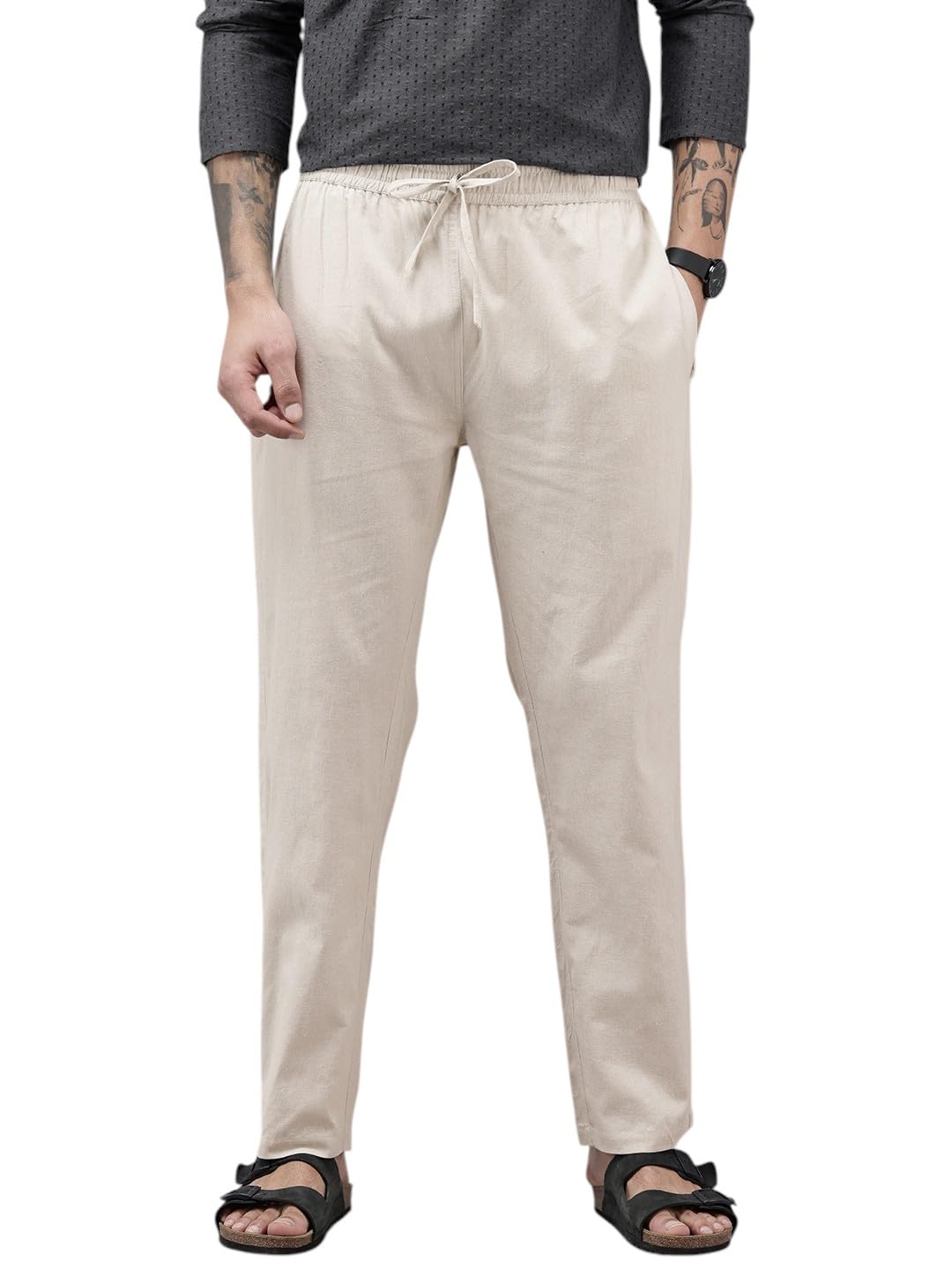 qashida Men's Cotton Blend Solid Trouser Pants with Drawstring Waistband | Elasticated Waist | Relaxed Fit | Casual with Side and Back Pockets, Primium Off White-picture-52