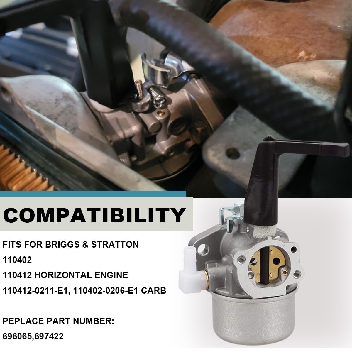 ZAMDOE Gaźnik do Briggs & Stratton 110402 110412 215369 Pręt silnika z silnikiem 696065 697422 Gaźnik Filtr powietrza Świeca zapłonowa Uszczelki węży paliwowych