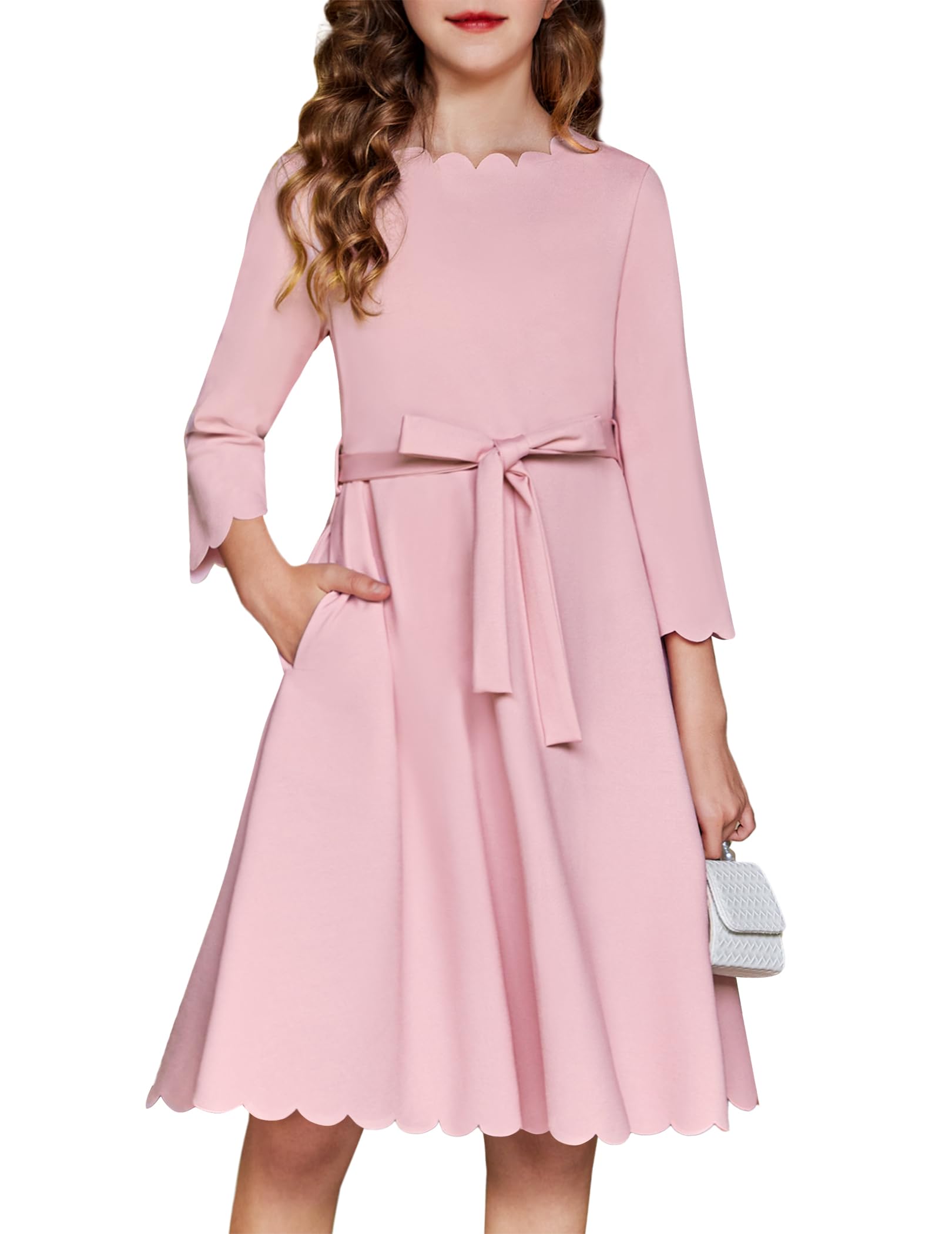 Arshiner Niñas Vestido de Fiesta Vestido de Otoño Festón Recorte Cinturón A-Line Formal Festivo Midi Vestidos con Bolsillos para 6-15 Años