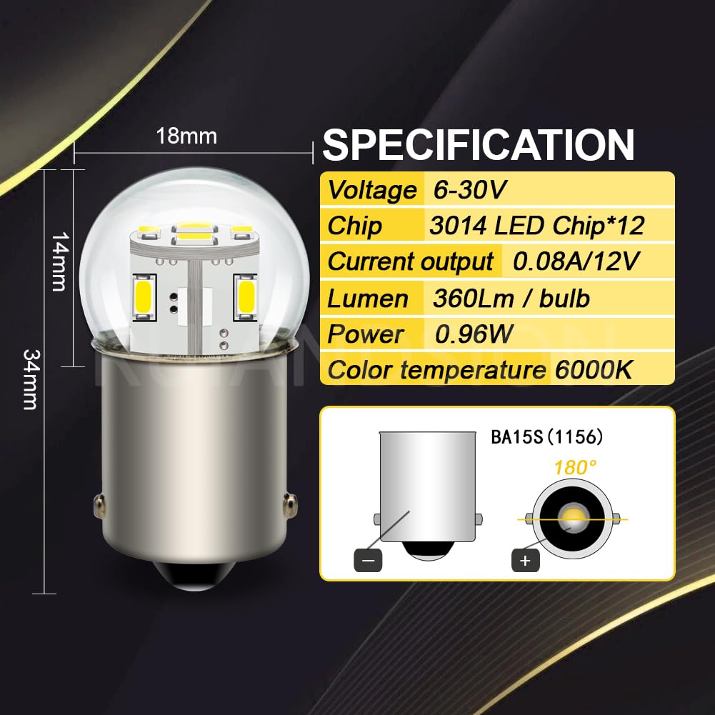 Ruiandsion 1156 Światła awaryjne LED 6-30 V BA15S P21W 7506 3014 12SMD Chips Biała żarówka LED do odwrotnego kierunkowskazu, 2 sztuki