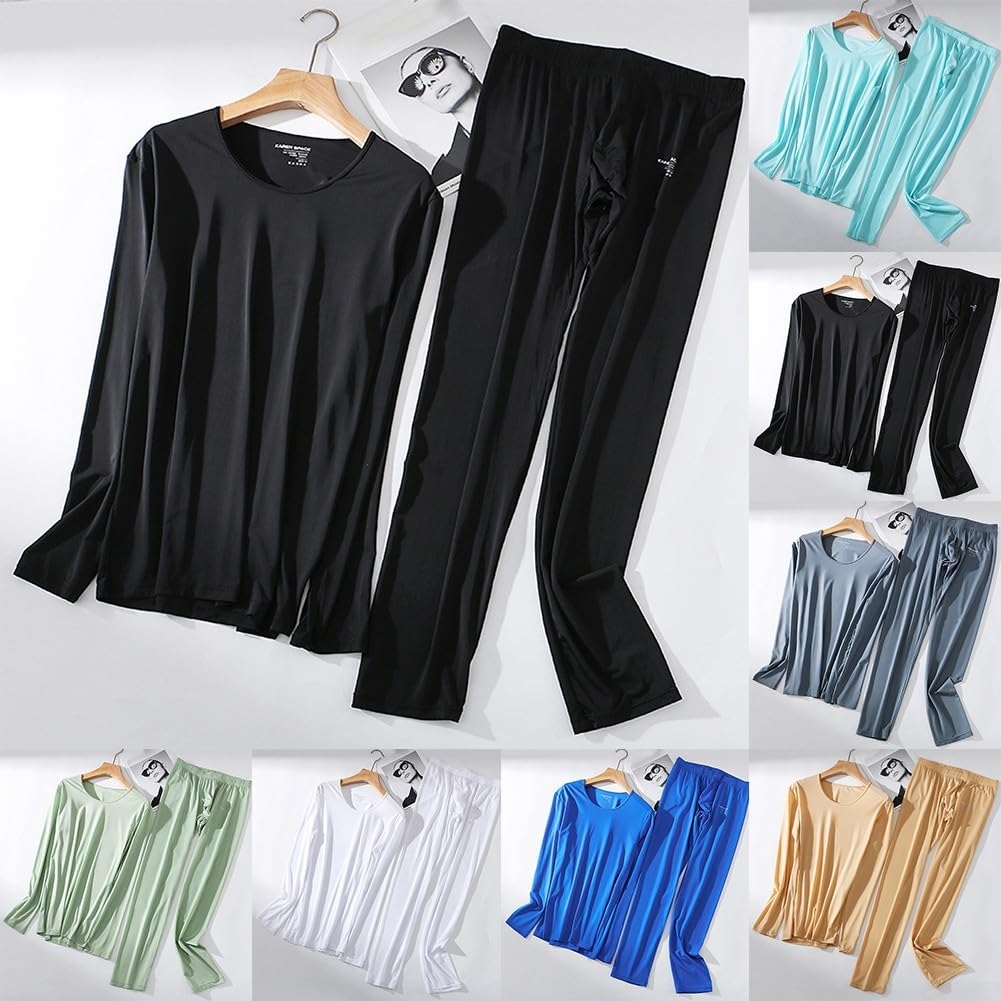 Herren-Unterhosen-Set, lässig, Eisseide, weiches Langarm-Top und Hose für alle Jahreszeiten