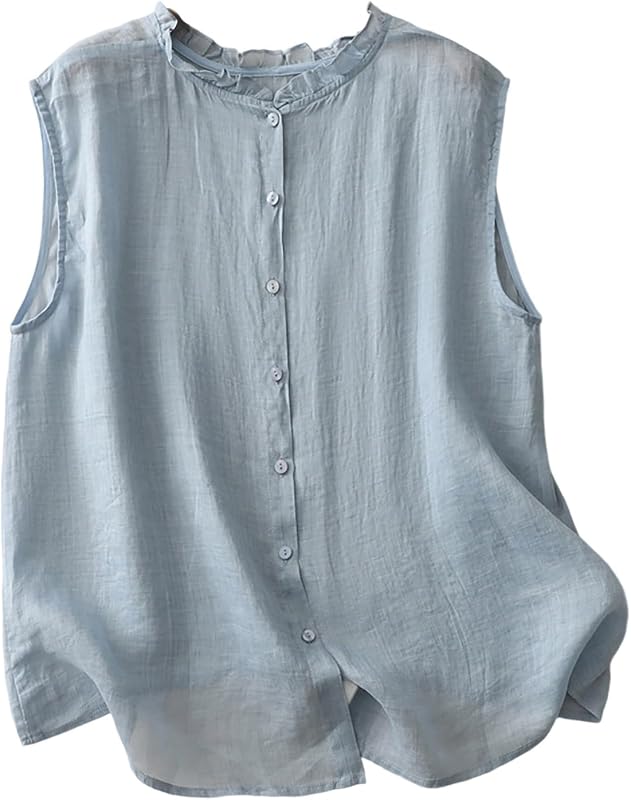 Women Sleeveless Vest Ruffle Neck Button Front Summer Streetwear