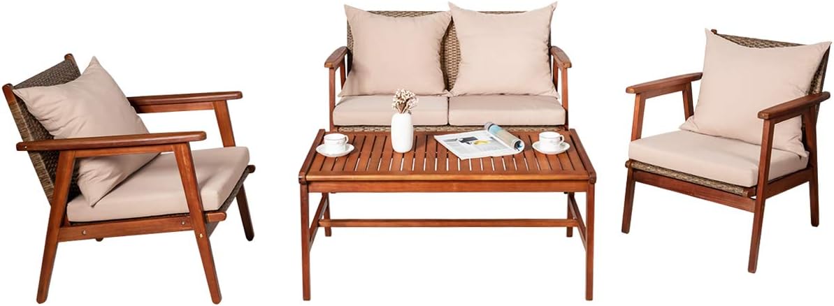 Tangkula 4 PCS Patio Wood Sofa Set, Outdoor Acacia Wood Seating Chat Set with Cushions & Coffee Table, Sectional Conversation Sofa Set for Garden, Backyard, Poolside (1, Brown)