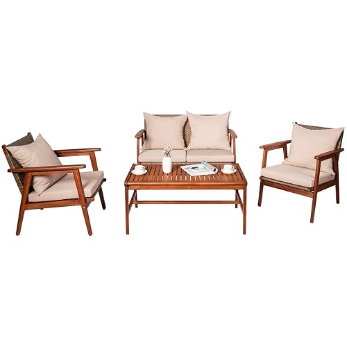 4 PCS Patio Wood Sofa Set, Outdoor Acacia Wood Seating