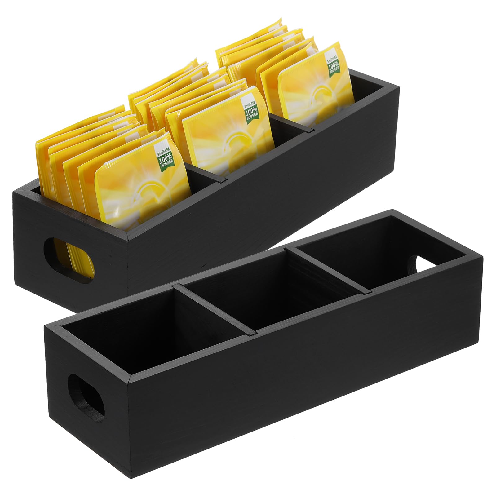 QUARKZMAN Organizador de Bolsitas de Té, Caja de Té de Madera de Pino con 3 Compartimentos Y Asa, Organizador de Almacenamiento de Té para Bolsitas de Té, Negro