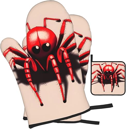 Miniatura 2 de Juego de manoplas de horno y soporte para ollas con diseño de araña roja, material antiquemaduras, grueso y duradero, antiquemaduras y aislado.