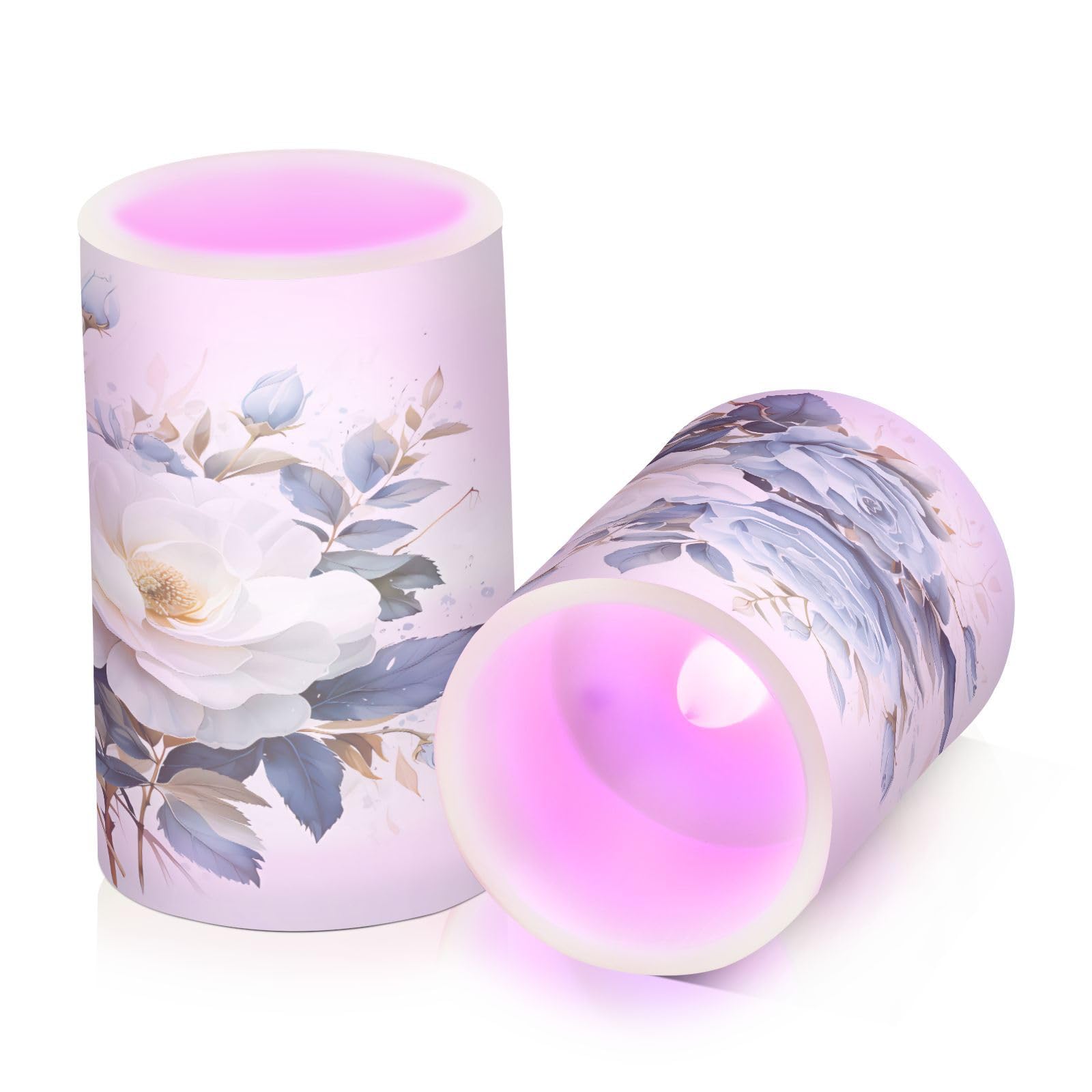 ALAZA Blue White Flowers Flickering Flameless Candles Battery Operated with Remote Timer,Tea Light Candles LED Pillar Votive Candles Set of 2 for Outdoor Indoor Decorations