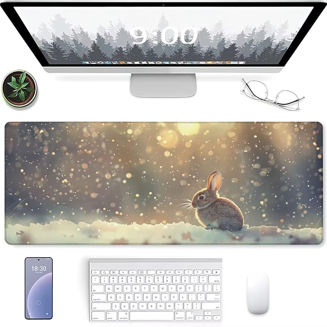 Excel Shortcut-Tasten-Mauspad - erweitertes großes 1200 x 600mm XL-Spickzettel-Gaming-Mauspad | PC-Büro-Tabellenkalkulation-Tastaturmatte | rutschfeste genähte Kante Schnee Kaninchen