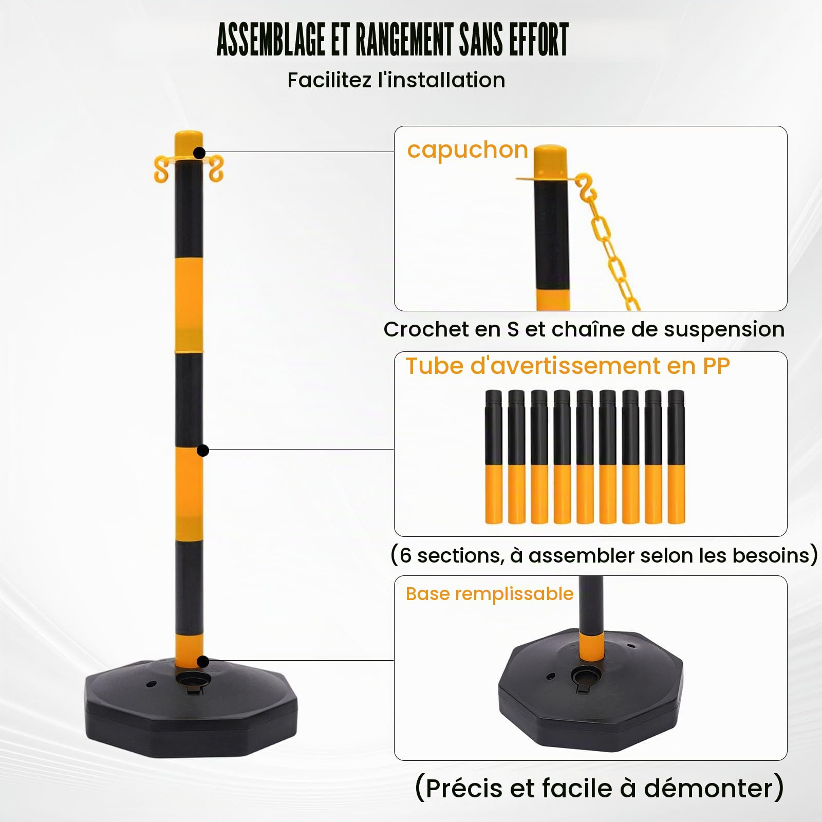 Lot de 6 poteaux de barrière en plastique avec 5 chaînes de barrière de 6,5 m, poteaux de blocage avec support, pour avertissement de contrôle de la circulation, jaune et noir