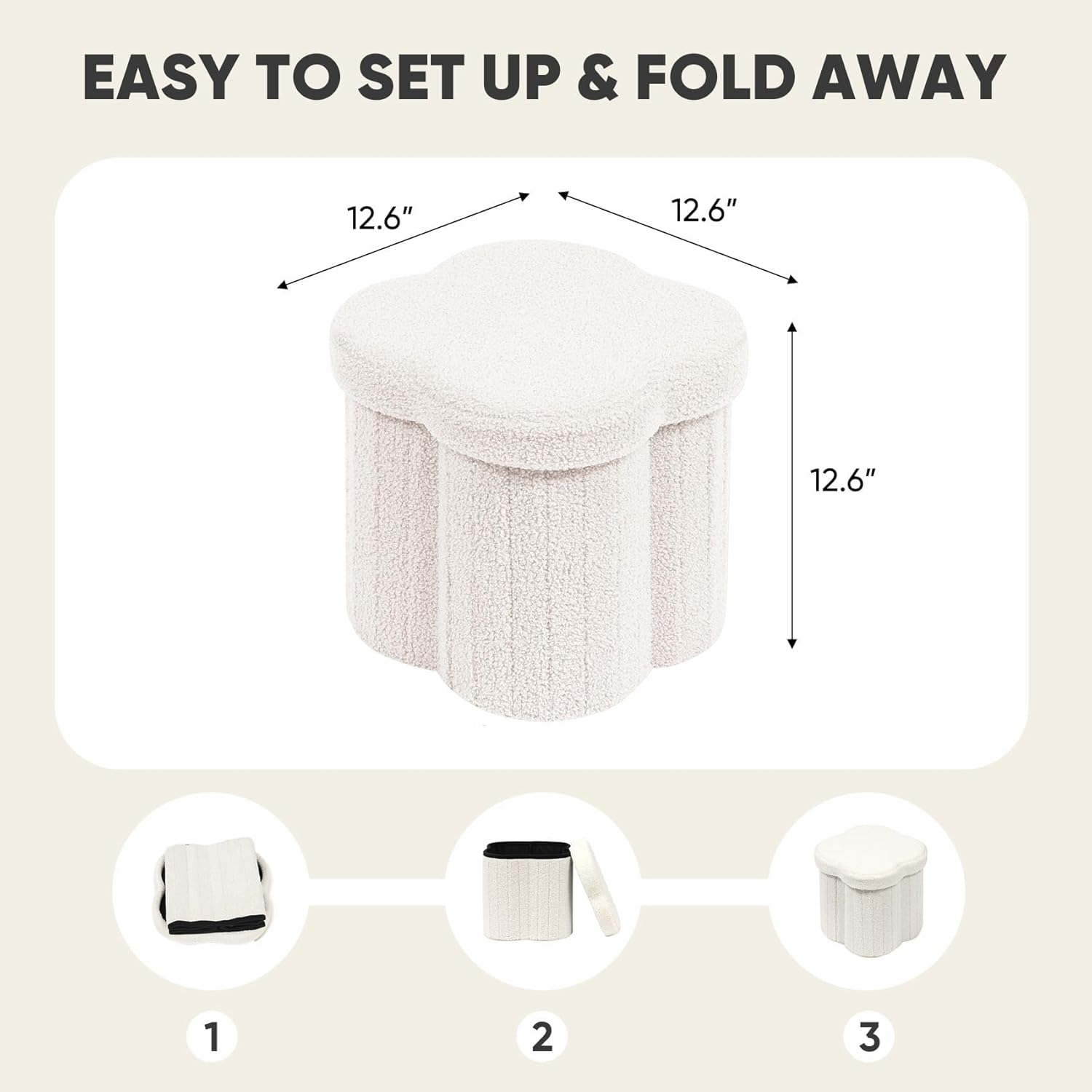 PINPLUS Storage Ottoman Cube Flower-Shaped Boucle Footrest Stool with Hidden Storage, Multi-Functional Cube Seat for Living Room, Dorm - White 12.6"x12.6"x12.6"