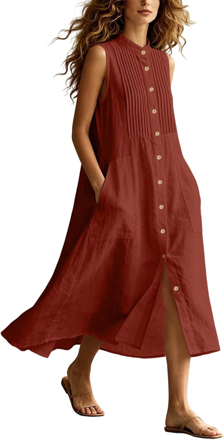 Women Linen Sleeveless Midi Dress Button Front Pleated Dresses