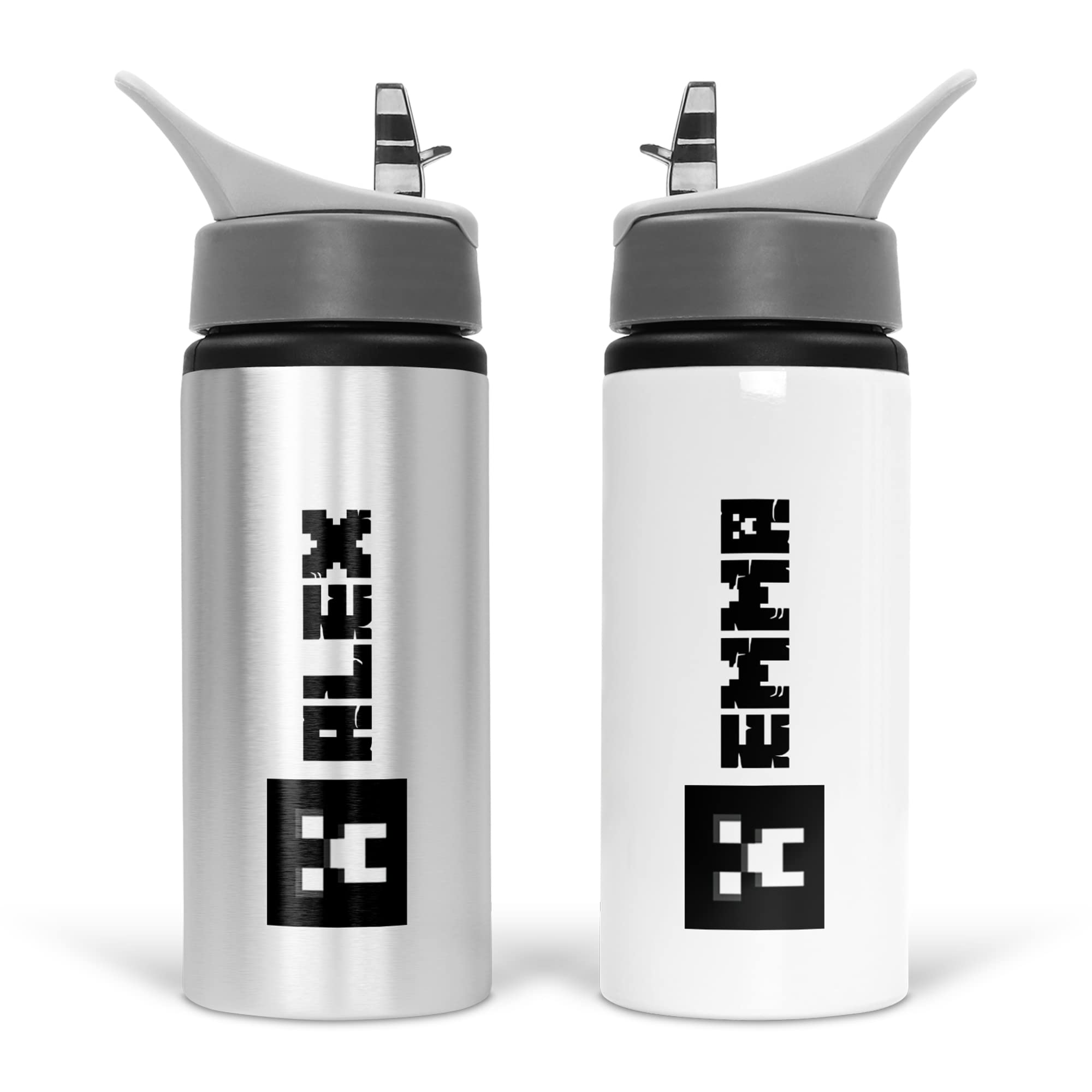 Print Maniacs Personalised Water Bottle Mine Icon School Sport Drink 600ml Leakproof Spill Proof Aluminium Hot Cold Flip up Kid Boys Girls Biking Gift (Black)