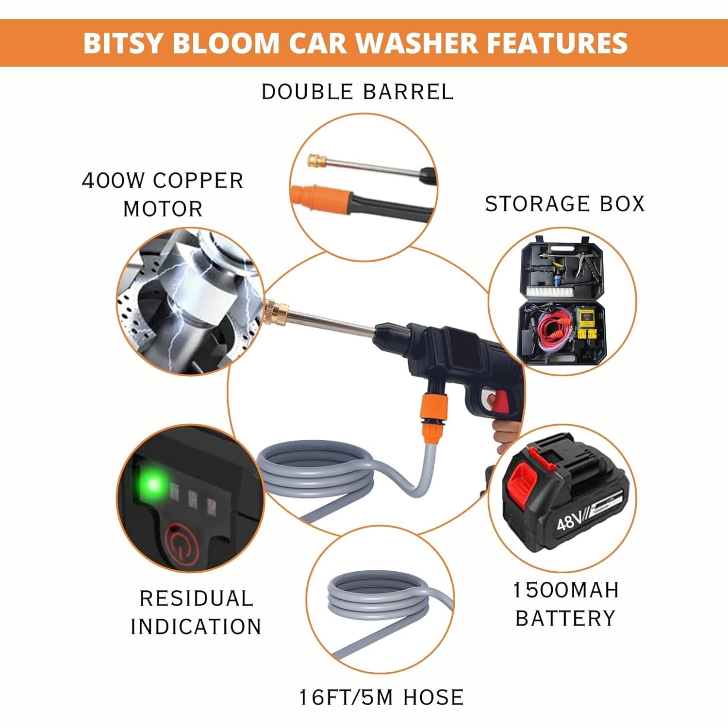 DADLM® (Double Battery) Cordless Portable Wireless Pressure Washer Gun 48V 12000mAh High Pressure Water Gun for Car Wash and Bikes Cleaning with Adjustable Nozzles and 5M Hose Pipe - Image 9 thumbnail
