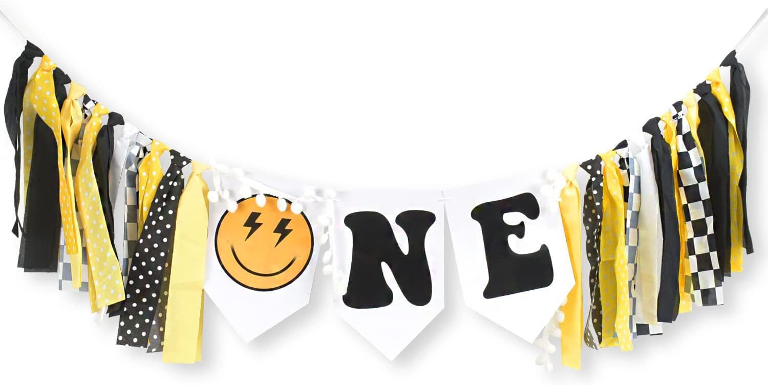 One Happy Dude High Chair Banner, Lightning Bolt Smiley Face Banner for 1st Birthday Decorations, One Happy Dude Birthday Decorations Smiley Face Party Decorations, Hippie Groovy High Chair Garland