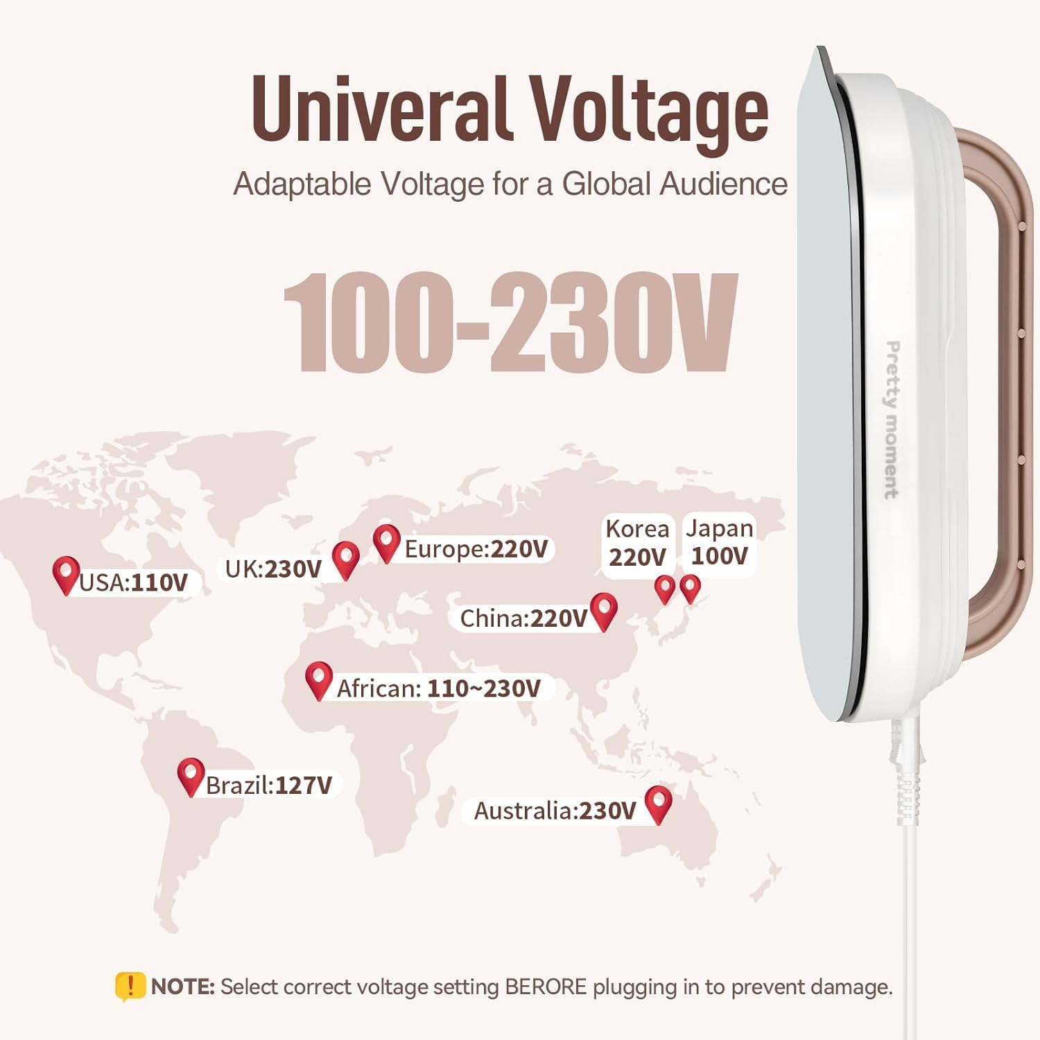 Travel Iron with Global Voltage, Mini Dry Iron for Clothes, 100-240V, 300W Max, Ceramic Non-Stick Soleplate, 0.8lbs Lightweight, 60s Heat Up