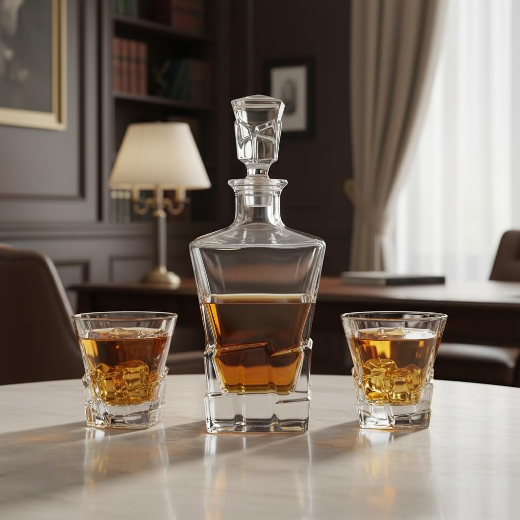 Glasmark Krosno 1992 Decantador con Vasos 3 piezas para Whisky y Licores - Decantador de Vidrio 850 ml y 2 Vasos 240 ml - en Caja de Regalo Negra - Diseño con Carácter