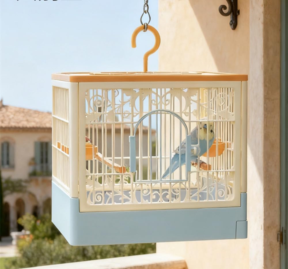 Cage à oiseaux pliable avec vue panoramique à 360° - Comprend un crochet, une gamelle et un perchoir - Bac amovible pour un nettoyage facile - Idéal pour les voyages et les excursions.