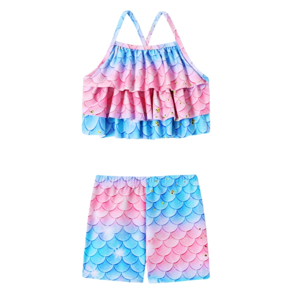 Traje de baño de sirena de 3 piezas para niñas, traje de baño tankini con cola de pez arco iris corta (4-10 años), Rosa., 6-7 años