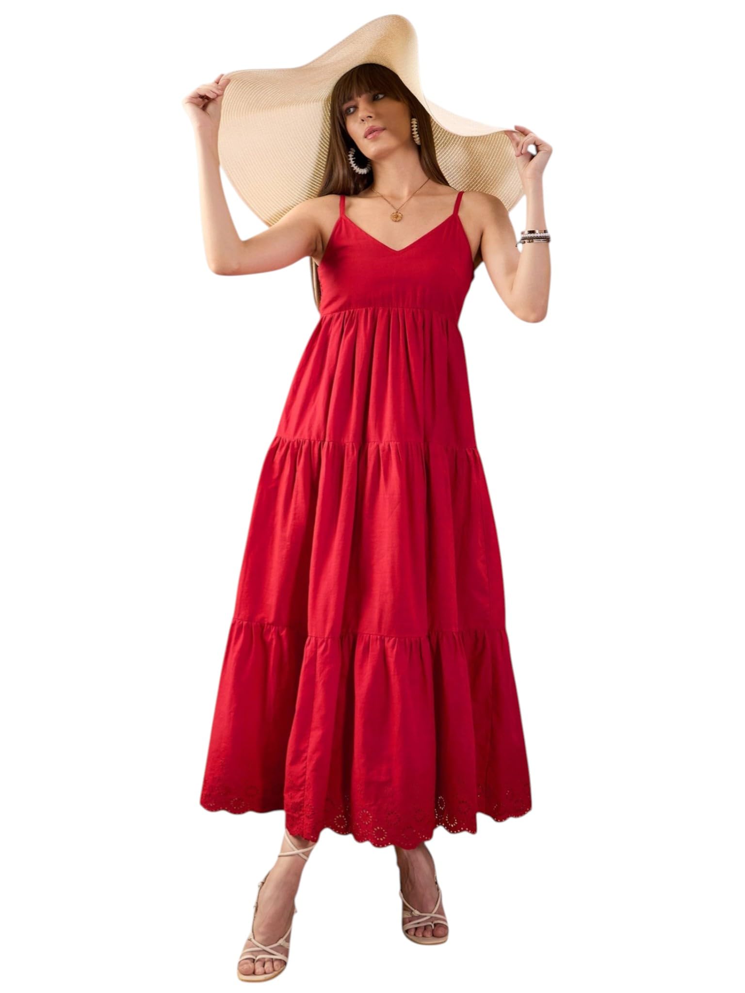 sassafras Red Schiffli Strappy Tiered Maxi Dress-picture-30