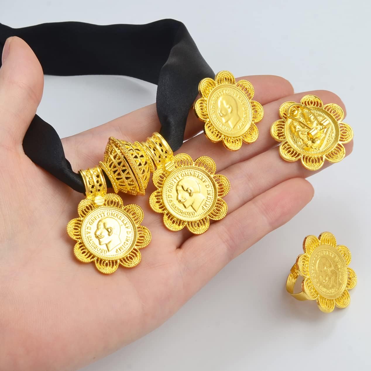 Ethiopian Jewelry for Women Set - Ethiopia Necklace for Women - Ethiopian Coin Jewelry Sets Eritrea Necklace Earrings Ring for Women Africa Wedding Gift Party