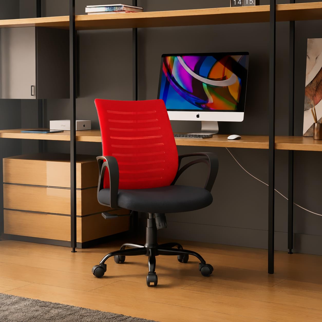 CELLBELL Desire C104 Mesh Mid Back Ergonomic Office Chair/Study/Revolving/Computer for Work from Home Metal Base Seat Height Adjustable Chair (Red)