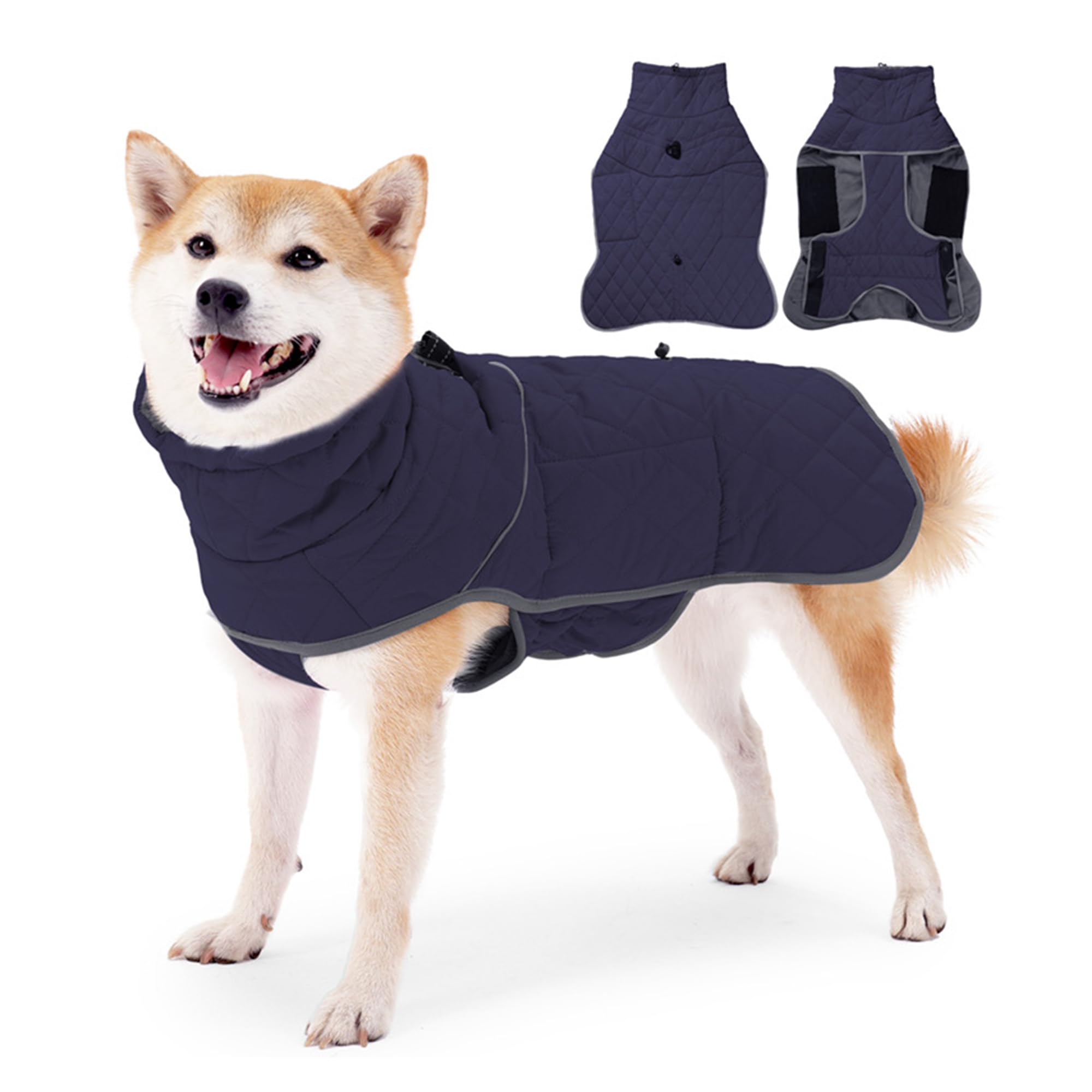 Leberna Warm Pet Dog Coats and Jackets, Waterproof Reflective Turtleneck & Adjustable Harness Puffer Jacket for Small Medium Large Dogs(Navy Blue, L)