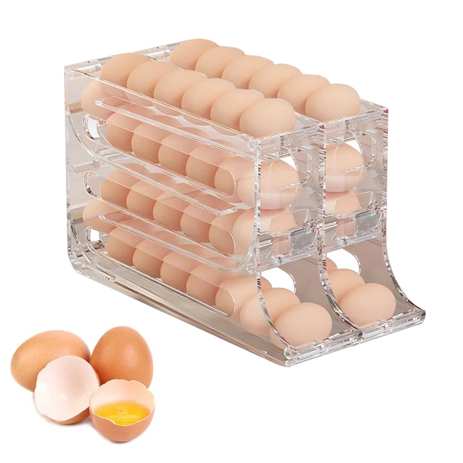 Lot de 2 porte-œufs à 4 niveaux pour réfrigérateur – Organisateur automatique d'œufs de réfrigérateur à roulettes, distributeur d'œufs peu encombrant, récipient à 30 œufs de grande capacité pour