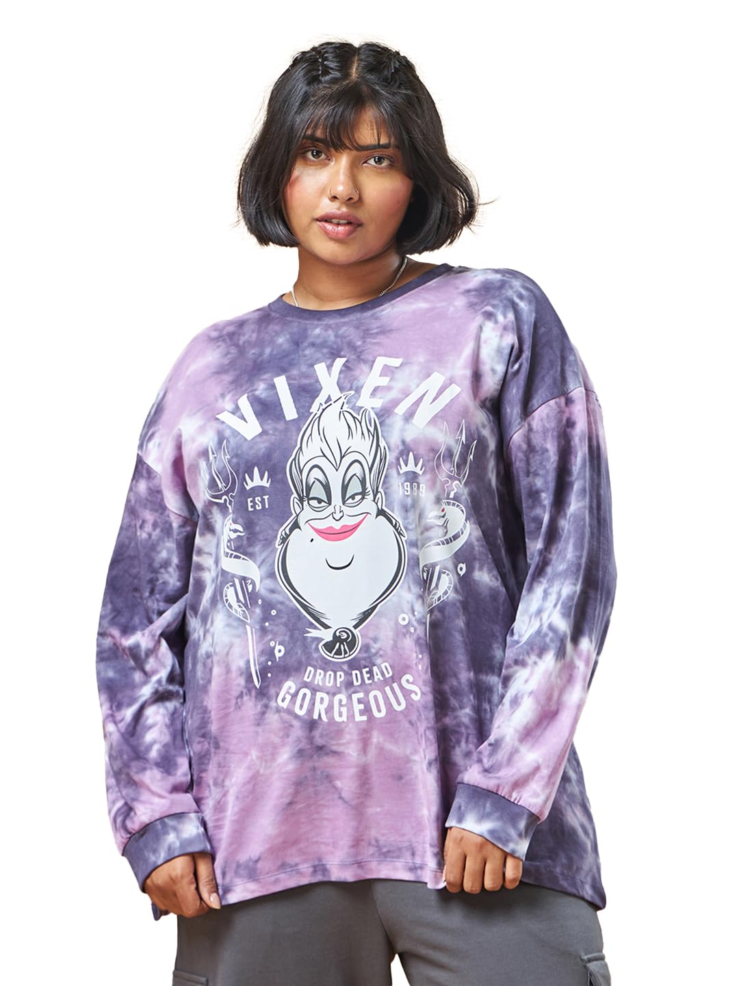 BewakoofOfficial Disney Merchandise Women's Tie & Dye Oversized Fit Full Sleeve Round Neck Cotton Jersey Plus Size T-Shirt