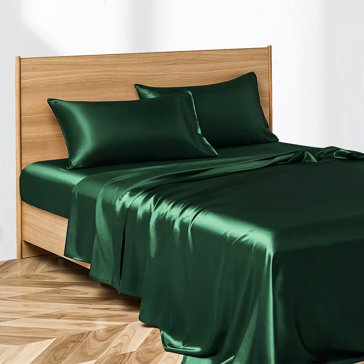 Candoury Satin Sheets Queen Bed Set 4 Pcs, Soft and Durable Pillowcase, Flat Sheet and Fitted Sheet, Hotel Luxury Silky Satin Sheets Set(Queen, Dark Green)