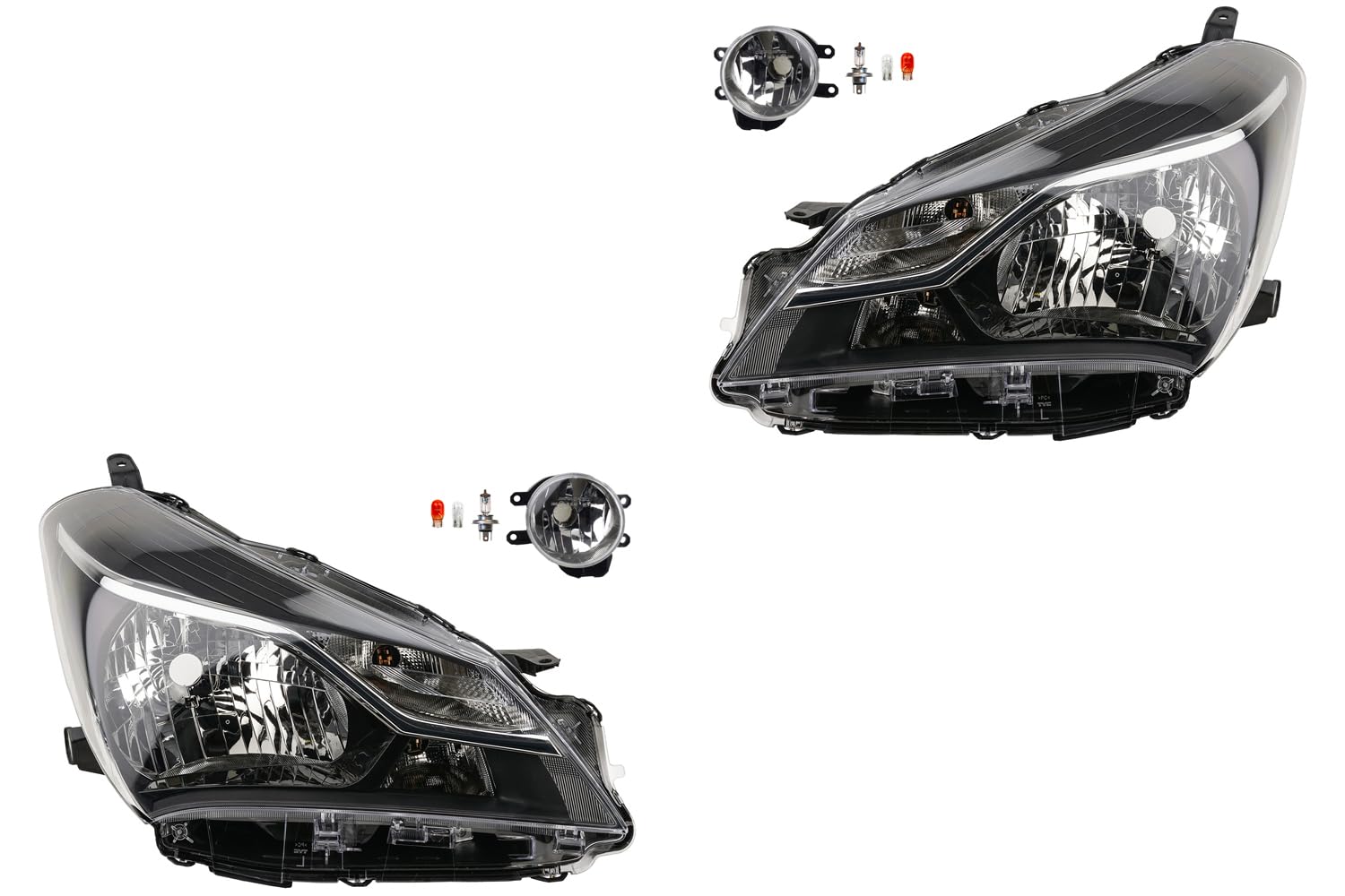 Johns, Juego de faros halógenos para Toyota Yaris XP13 17 - H4 izquierdo y derecho con motor para LWR + faros antiniebla + bombilla