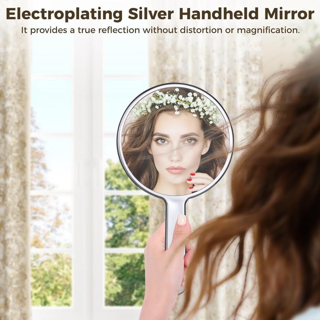3-Piece Electroplated Silver Handheld Mirrors with Water Ripple Frame, 10.6 X 5.8 Round Cosmetic Mirror for Home, Office, and Travel