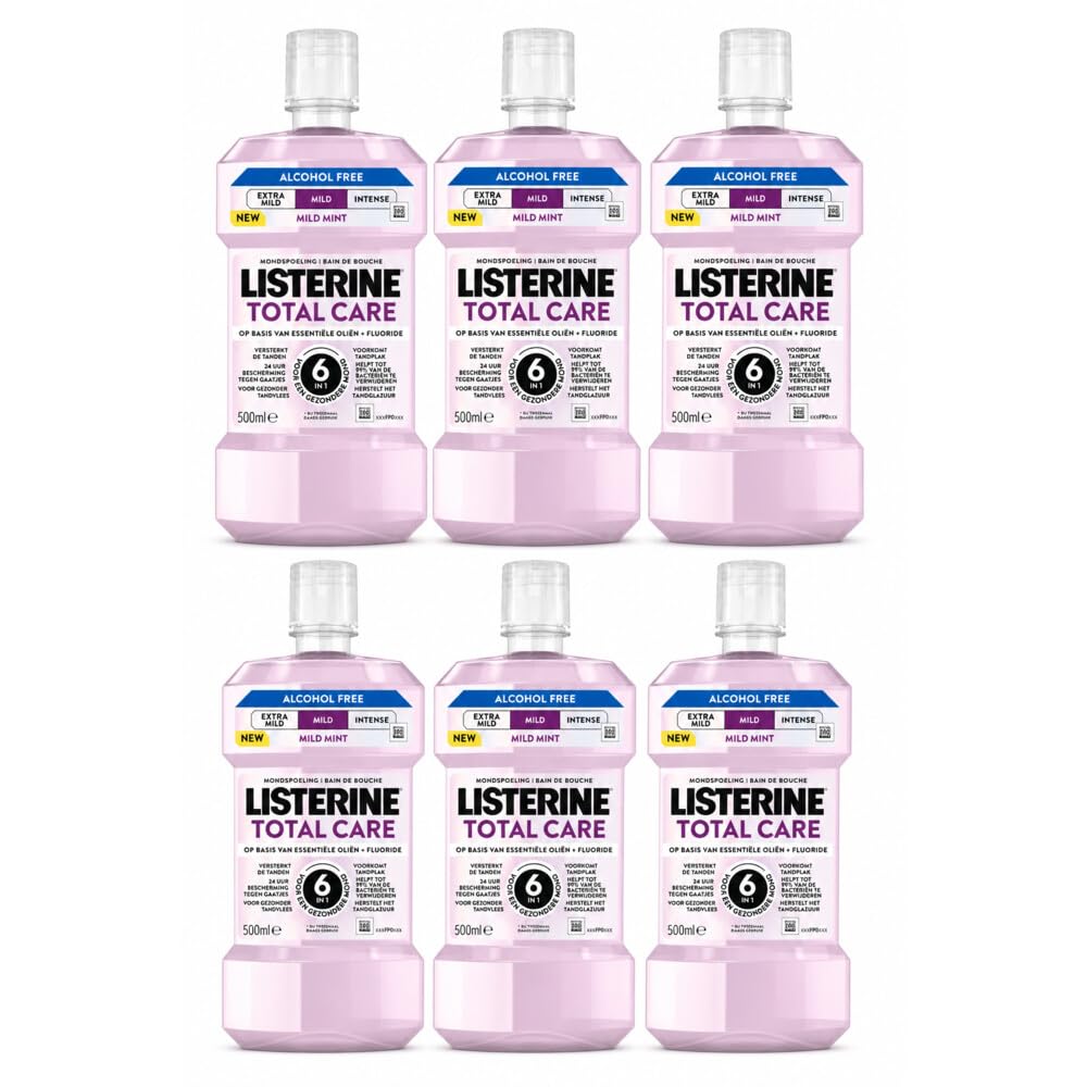 Listerine Total Care łagodny płyn do płukania jamy ustnej o łagodnym smaku, bezalkoholowy, zapewnia pełną ochronę silnych zębów z efektem 6 w 1, 6 x 500 ml