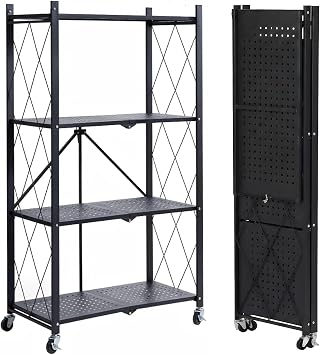 COKIHOM 4 Tier Foldable Storage Shelf, Large Capacity Metal Shelf Rack, Rolling Bookshelf with Wheels, Wire Shelf Organizer for Kitchen, Pantry, Office, Garage, Basement, Black